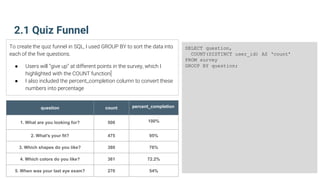 2.1 Quiz Funnel
SELECT question,
COUNT(DISTINCT user_id) AS ‘count’
FROM survey
GROUP BY question;
To create the quiz funnel in SQL, I used GROUP BY to sort the data into
each of the five questions.
● Users will “give up” at different points in the survey, which I
highlighted with the COUNT function
● I also included the percent_completion column to convert these
numbers into percentage
question count percent_completion
1. What are you looking for? 500 100%
2. What's your fit? 475 95%
3. Which shapes do you like? 380 76%
4. Which colors do you like? 361 72.2%
5. When was your last eye exam? 270 54%
 