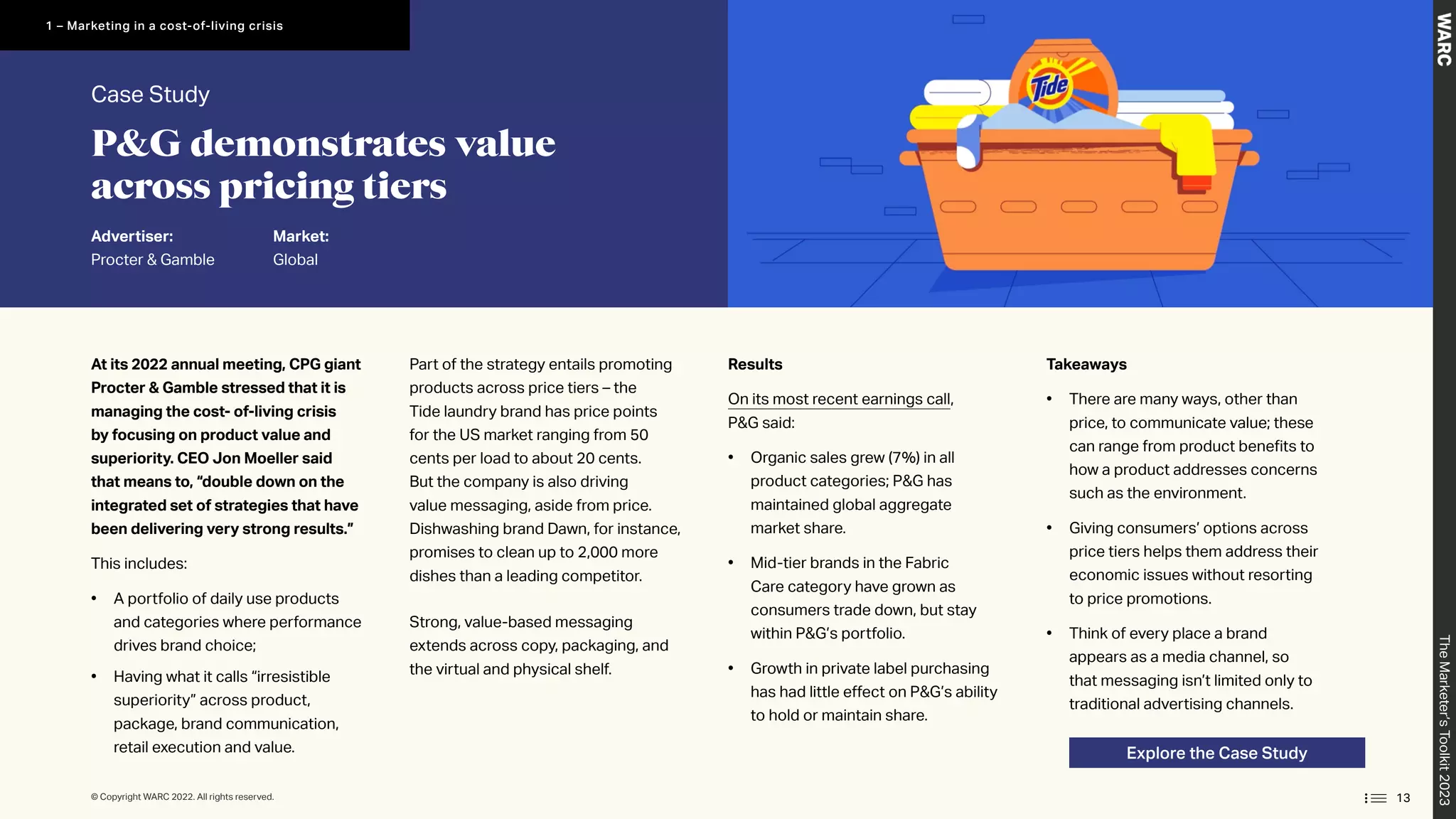 Explore the Case Study
Case Study
Advertiser:
Procter  Gamble
Market:
Global
At its 2022 annual meeting, CPG giant
Procter  Gamble stressed that it is
managing the cost- of-living crisis
by focusing on product value and
superiority. CEO Jon Moeller said
that means to, “double down on the
integrated set of strategies that have
been delivering very strong results.”
This includes:
• A portfolio of daily use products
and categories where performance
drives brand choice;
• Having what it calls “irresistible
superiority” across product,
package, brand communication,
retail execution and value.
Takeaways
• 
There are many ways, other than
price, to communicate value; these
can range from product benefits to
how a product addresses concerns
such as the environment.
• Giving consumers’ options across
price tiers helps them address their
economic issues without resorting
to price promotions.
• 
Think of every place a brand
appears as a media channel, so
that messaging isn’t limited only to
traditional advertising channels.
Results
On its most recent earnings call,
PG said:
• Organic sales grew (7%) in all
product categories; PG has
maintained global aggregate
market share.
• Mid-tier brands in the Fabric
Care category have grown as
consumers trade down, but stay
within PG’s portfolio.
• Growth in private label purchasing
has had little effect on PG’s ability
to hold or maintain share.
Part of the strategy entails promoting
products across price tiers – the
Tide laundry brand has price points
for the US market ranging from 50
cents per load to about 20 cents.
But the company is also driving
value messaging, aside from price.
Dishwashing brand Dawn, for instance,
promises to clean up to 2,000 more
dishes than a leading competitor.
Strong, value-based messaging
extends across copy, packaging, and
the virtual and physical shelf.
PG demonstrates value
across pricing tiers
The
Marketer’s
Toolkit
2023
13
1 – Marketing in a cost-of-living crisis
© Copyright WARC 2022. All rights reserved.
 