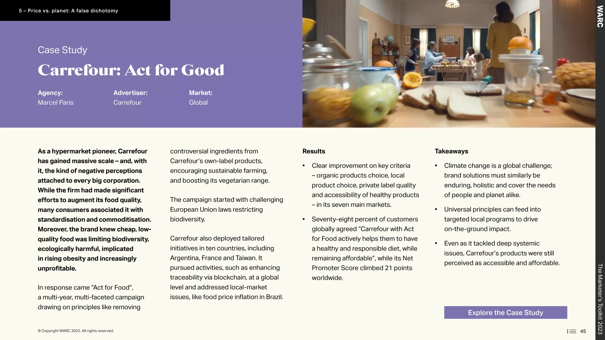 Explore the Case Study
Case Study
Agency:
Marcel Paris
Advertiser:
Carrefour
Market:
Global
As a hypermarket pioneer, Carrefour
has gained massive scale – and, with
it, the kind of negative perceptions
attached to every big corporation.
While the firm had made significant
efforts to augment its food quality,
many consumers associated it with
standardisation and commoditisation.
Moreover, the brand knew cheap, low-
quality food was limiting biodiversity,
ecologically harmful, implicated
in rising obesity and increasingly
unprofitable.
In response came “Act for Food”,
a multi-year, multi-faceted campaign
drawing on principles like removing
controversial ingredients from
Carrefour’s own-label products,
encouraging sustainable farming,
and boosting its vegetarian range.
The campaign started with challenging
European Union laws restricting
biodiversity.
Carrefour also deployed tailored
initiatives in ten countries, including
Argentina, France and Taiwan. It
pursued activities, such as enhancing
traceability via blockchain, at a global
level and addressed local-market
issues, like food price inflation in Brazil.
Takeaways
• Climate change is a global challenge;
brand solutions must similarly be
enduring, holistic and cover the needs
of people and planet alike.
• Universal principles can feed into
targeted local programs to drive
on-the-ground impact.
• Even as it tackled deep systemic
issues, Carrefour’s products were still
perceived as accessible and affordable.
Results
• Clear improvement on key criteria
– organic products choice, local
product choice, private label quality
and accessibility of healthy products
– in its seven main markets.
• Seventy-eight percent of customers
globally agreed “Carrefour with Act
for Food actively helps them to have
a healthy and responsible diet, while
remaining affordable”, while its Net
Promoter Score climbed 21 points
worldwide.
Carrefour: Act for Good
The
Marketer’s
Toolkit
2023
45
5 – Price vs. planet: A false dichotomy
© Copyright WARC 2022. All rights reserved.
 