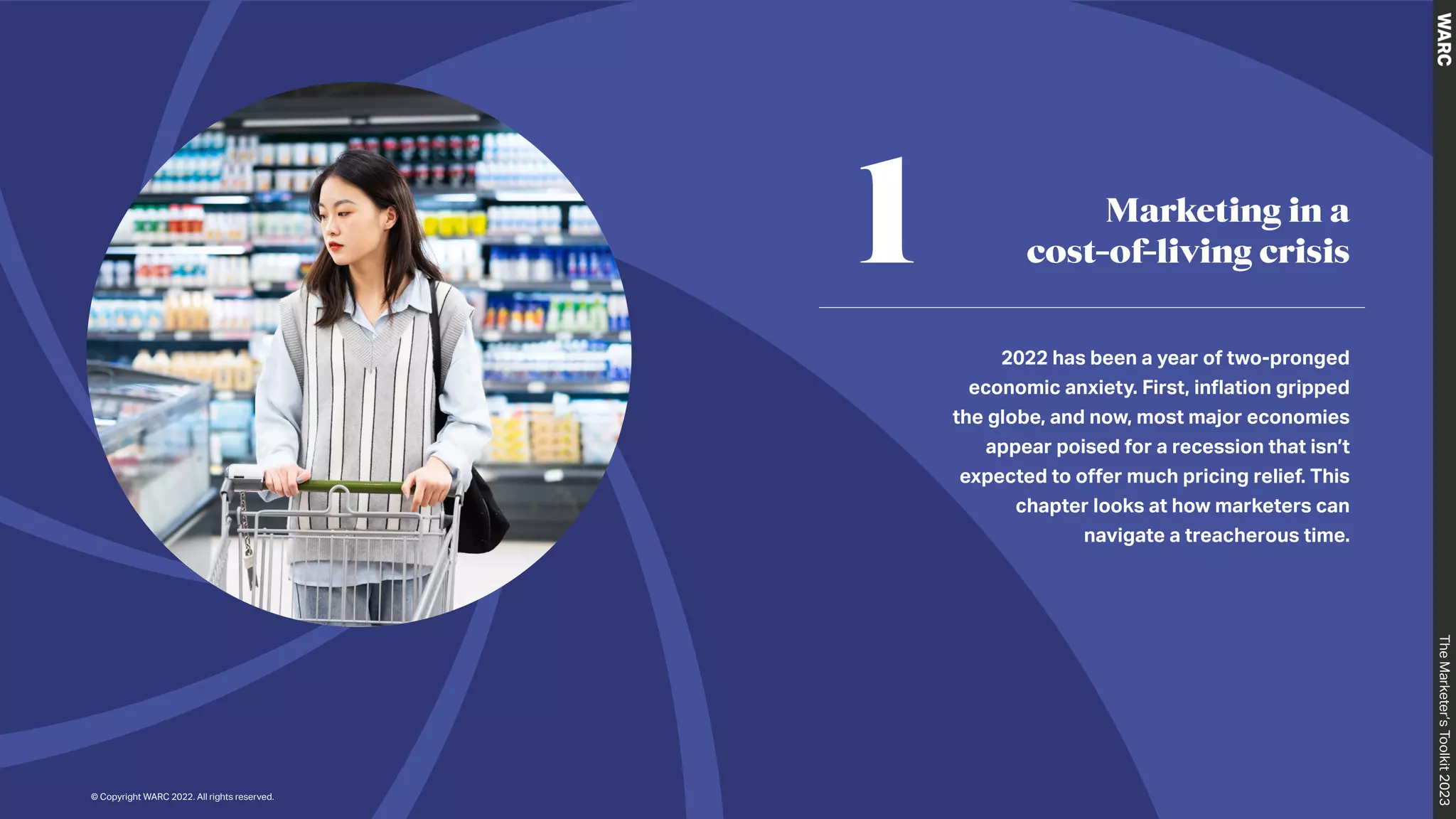 Marketing in a
cost-of-living crisis
1
2022 has been a year of two-pronged
economic anxiety. First, inflation gripped
the globe, and now, most major economies
appear poised for a recession that isn’t
expected to offer much pricing relief. This
chapter looks at how marketers can
navigate a treacherous time.
The
Marketer’s
Toolkit
2023
© Copyright WARC 2022. All rights reserved.
 