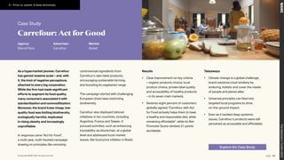 Explore the Case Study
Case Study
Agency:
Marcel Paris
Advertiser:
Carrefour
Market:
Global
As a hypermarket pioneer, Carrefour
has gained massive scale – and, with
it, the kind of negative perceptions
attached to every big corporation.
While the firm had made significant
efforts to augment its food quality,
many consumers associated it with
standardisation and commoditisation.
Moreover, the brand knew cheap, low-
quality food was limiting biodiversity,
ecologically harmful, implicated
in rising obesity and increasingly
unprofitable.
In response came “Act for Food”,
a multi-year, multi-faceted campaign
drawing on principles like removing
controversial ingredients from
Carrefour’s own-label products,
encouraging sustainable farming,
and boosting its vegetarian range.
The campaign started with challenging
European Union laws restricting
biodiversity.
Carrefour also deployed tailored
initiatives in ten countries, including
Argentina, France and Taiwan. It
pursued activities, such as enhancing
traceability via blockchain, at a global
level and addressed local-market
issues, like food price inflation in Brazil.
Takeaways
• Climate change is a global challenge;
brand solutions must similarly be
enduring, holistic and cover the needs
of people and planet alike.
• Universal principles can feed into
targeted local programs to drive
on-the-ground impact.
• Even as it tackled deep systemic
issues, Carrefour’s products were still
perceived as accessible and affordable.
Results
• Clear improvement on key criteria
– organic products choice, local
product choice, private label quality
and accessibility of healthy products
– in its seven main markets.
• Seventy-eight percent of customers
globally agreed “Carrefour with Act
for Food actively helps them to have
a healthy and responsible diet, while
remaining affordable”, while its Net
Promoter Score climbed 21 points
worldwide.
Carrefour: Act for Good
The
Marketer’s
Toolkit
2023
45
5 – Price vs. planet: A false dichotomy
© Copyright WARC 2022. All rights reserved.
 