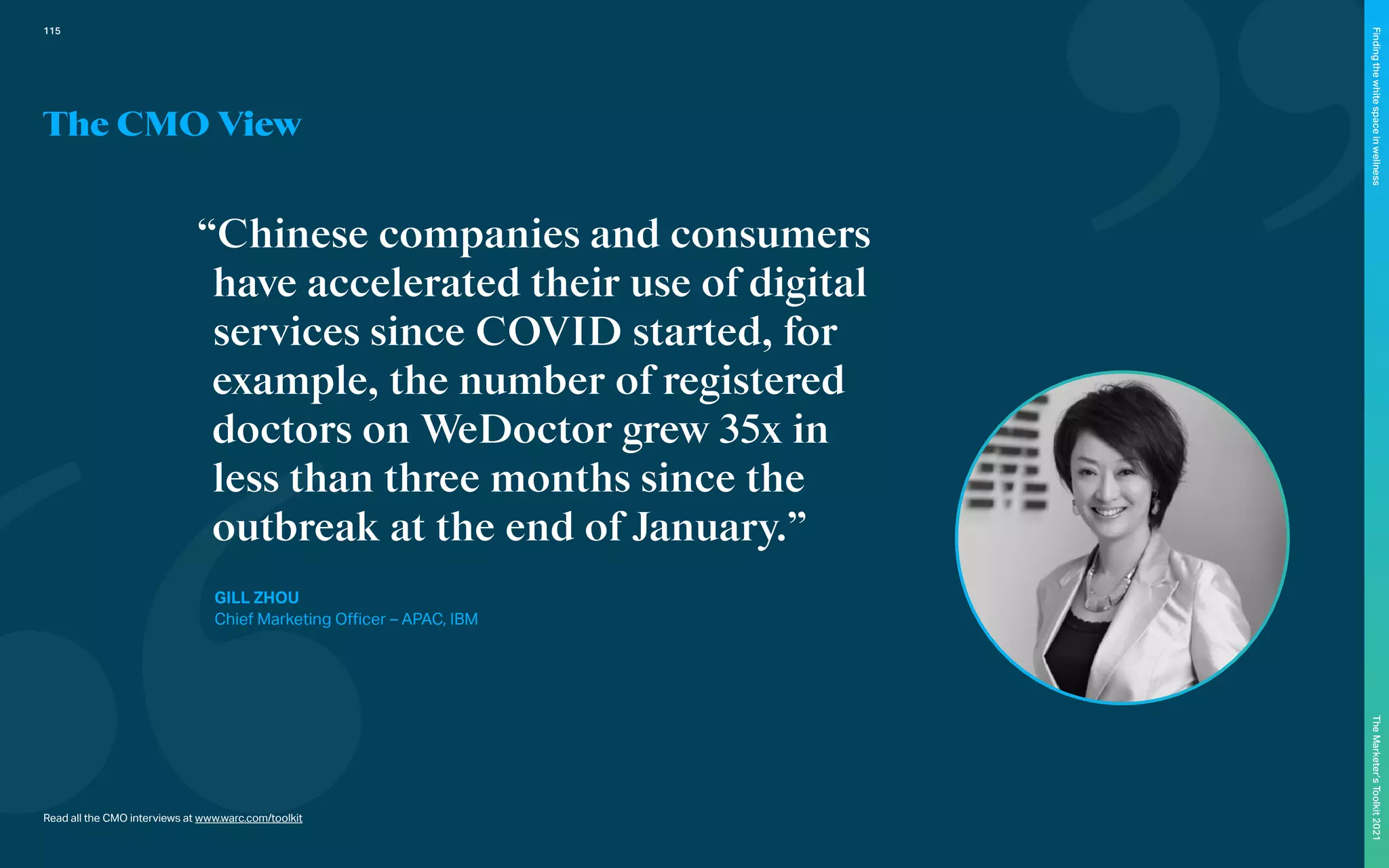 The CMO View
“Chinese companies and consumers
have accelerated their use of digital
services since COVID started, for
example, the number of registered
doctors on WeDoctor grew 35x in
less than three months since the
outbreak at the end of January.”
GILL ZHOU
Chief Marketing Officer – APAC, IBM
Read all the CMO interviews at www.warc.com/toolkit
115
The
Marketer’s
Toolkit
2021
Finding
the
white
space
in
wellness
 
