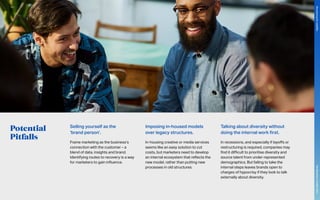 Potential
Pitfalls
Selling yourself as the
‘brand person’.
Frame marketing as the business’s
connection with the customer – a
blend of data, insights and brand.
Identifying routes to recovery is a way
for marketers to gain influence.
Imposing in-housed models
over legacy structures.
In-housing creative or media services
seems like an easy solution to cut
costs, but marketers need to develop
an internal ecosystem that reflects the
new model, rather than putting new
processes in old structures.
Talking about diversity without
doing the internal work first.
In recessions, and especially if layoffs or
restructuring is required, companies may
find it difficult to prioritise diversity and
source talent from under-represented
demographics. But failing to take the
internal steps leaves brands open to
charges of hypocrisy if they look to talk
externally about diversity.
102
The
Marketer’s
Toolkit
2021
Structuring
for
volatility
 