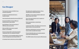 Go Deeper
The long-term impact of COVID-19 on
consumer behaviour
A majority of multinationals have in-
housed creative
How should brands advertise during COVID-19?
During the COVID-19 crisis, CMOs are
looking inside to help outside
Scott Galloway: There are two kinds of
CMO but only one survives
Why the CMO’s future role is ‘growth
partner’, not marketer
Domino’s keeps faith in advertising despite
“existential crisis” for restaurant industry
How PepsiCo’s new knowledge platform became
a crisis-management tool during COVID-19
In-housing: How to overcome common pitfalls
Re-aligning the marketing industry: The in-
housing trend in 2020 and beyond
AB InBev in-house agency delivers alignment
legacy shops can’t match
Four in five want brands to act in support of
Black Lives Matter
Racial representation in advertising:
A snapshot
Lessons from failure: The ethical, and economic,
opportunities in pursuing diversity
Diversity in advertising is common, but here’s
how to make it actually have impact
Procter & Gamble steps up to tackle systemic
racism with marketing action
The WARC Guide to Structuring for Effectiveness
103
The
Marketer’s
Toolkit
2021
Structuring
for
volatility
 