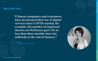 The CMO View
“Chinese companies and consumers
have accelerated their use of digital
services since COVID started, for
example, the number of registered
doctors on WeDoctor grew 35x in
less than three months since the
outbreak at the end of January.”
GILL ZHOU
Chief Marketing Officer – APAC, IBM
Read all the CMO interviews at www.warc.com/toolkit
115
The
Marketer’s
Toolkit
2021
Finding
the
white
space
in
wellness
 