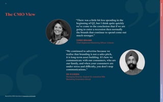 Read all the CMO interviews at www.warc.com/toolkit
The CMO View
“There was a little bit less spending in the
beginning of Q2, but I think quite quickly
we’ve come to the conclusion that if we are
going to enter a recession then normally
the brands that continue to spend come out
much stronger.”
CONNY BRAAMS
Chief Digital and Marketing Officer, Unilever
“We continued to advertise because we
realise that branding is not a sales pitch,
it is long-term asset building. It’s how we
communicate with our consumers, who are
our family, and when your consumers are
under stress and difficulty, you don’t stop
communications.”
DR. R S SODHI
Managing Director, Gujarat Co-operative Milk
Marketing Federation (Amul)
The
Marketer’s
Toolkit
2021
Responding
to
recession
15
 