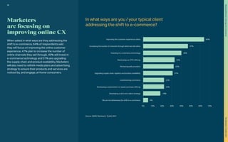 Improving the customer experience online 64%
47%
40%
33%
32%
31%
22%
22%
18%
5%
0% 10% 20% 30% 40% 50% 60% 70%
Increasing the number of channels through which we sell online
Investing in e-commerce technology
Developing our DTC offering
Partnering with providers
Upgrading supply chain, logistics and product availability
Livestreaming commerce
Developing a subscription or repeat purchase offering
Developing a click and collect strategy
We are not addressing the shift to e-commerce
Marketers
are focusing on
improving online CX
When asked in what ways are they addressing the
shift to e-commerce, 64% of respondents said
they will focus on improving the online customer
experience, 47% plan to increase the number of
online channels they sell through, 40% will invest in
e-commerce technology and 31% are upgrading
the supply chain and product availability. Marketers
will also need to rethink media plans and advertising
strategy to ensure their products and services are
noticed by, and engage, at-home consumers.
Source: WARC Marketer’s Toolkit 2021
In what ways are you / your typical client
addressing the shift to e-commerce?		
30
Staying
effective
in
the
age
of
e-commerce
The
Marketer’s
Toolkit
2021
 