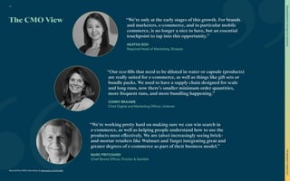 The CMO View
Read all the CMO interviews at www.warc.com/toolkit
“We’re only at the early stages of this growth. For brands
and marketers, e-commerce, and in particular mobile
commerce, is no longer a nice to have, but an essential
touchpoint to tap into this opportunity.”
AGATHA SOH
Regional Head of Marketing, Shopee
“Our eco-fills that need to be diluted in water or capsule (products)
are really suited for e-commerce, as well as things like gift sets or
bundle packs. We used to have a supply chain designed for scale
and long runs, now there’s smaller minimum order quantities,
more frequent runs, and more bundling happening.”
CONNY BRAAMS
Chief Digital and Marketing Officer, Unilever
“We’re working pretty hard on making sure we can win search in
e-commerce, as well as helping people understand how to use the
products most effectively. We are (also) increasingly seeing brick-
and-mortar retailers like Walmart and Target integrating great and
greater degrees of e-commerce as part of their business model.”
MARC PRITCHARD
Chief Brand Officer, Procter & Gamble
31
The
Marketer’s
Toolkit
2021
Staying
effective
in
the
age
of
e-commerce
 