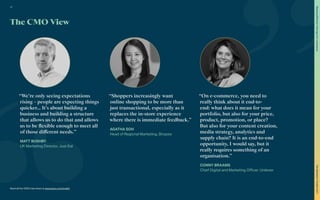 Read all the CMO interviews at www.warc.com/toolkit
“We’re only seeing expectations
rising – people are expecting things
quicker… It’s about building a
business and building a structure
that allows us to do that and allows
us to be flexible enough to meet all
of those different needs.”
MATT BUSHBY
UK Marketing Director, Just Eat
“Shoppers increasingly want
online shopping to be more than
just transactional, especially as it
replaces the in-store experience
where there is immediate feedback.”
AGATHA SOH
Head of Regional Marketing, Shopee
“On e-commerce, you need to
really think about it end-to-
end: what does it mean for your
portfolio, but also for your price,
product, promotion, or place?
But also for your content creation,
media strategy, analytics and
supply chain? It is an end-to-end
opportunity, I would say, but it
really requires something of an
organisation.”
CONNY BRAAMS
Chief Digital and Marketing Officer, Unilever
The CMO View
37
The
Marketer’s
Toolkit
2021
Staying
effective
in
the
age
of
e-commerce
 