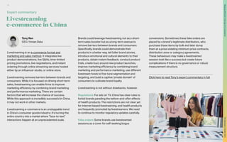 Livestreaming
e-commerce in China
Tony Ren
CEO, Yimian Data
Livestreaming is an e-commerce format and
marketing and sales method. It integrates live
product demonstrations, live Q&As, time-limited
pricing promotions, live negotiations, and instant
ordering through online streaming services hosted
either by an influencer studio, or online store.
Livestreaming removes barriers between brands and
consumers. While it is focused on driving short-term
sales, livestreaming can enable firms to improve
marketing efficiency by combining brand marketing
and performance marketing. There are certain
factors that will increase the chance of success.
While this approach is incredibly successful in China,
it may not work in other markets.
Livestreaming e-commerce is an unstoppable trend
in China’s consumer goods industry; it’s turning the
entire country into a market where “face-to-text”
interactions happen at an unprecedented scale.
Brands could leverage livestreaming not as a short-
term sales booster but as a long-term avenue to
remove barriers between brands and consumers.
Specifically, brands could demonstrate their
products in a better way, tell fuller brand stories,
introduce emotional and cultural elements to their
products, obtain instant feedback, conduct product
trials, create buzz around new product launches,
improve marketing efficiency by combining brand
marketing and performance marketing, use different
livestream hosts to fine-tune segmentation and
targeting, and build a captive ‘private domain’ of
consumers to cultivate brand loyalty.
Livestreaming is not without drawbacks, however.
Regulations: For ads on TV, China has clear rules to
forbid brands parading the before-and-after effects
of health products. The restrictions are not clear yet
for internet-based livestreaming, and health products
are frequently promoted by livestreamers. We need
to continue to monitor regulatory updates carefully.
Fake orders: Some brands use livestreamed
sessions as a cover for self-seeking bogus
conversions. Sometimes these fake orders are
placed by a brand’s legitimate distributors, who
purchase these items by bulk and later dump
them at a price violating minimum price contracts,
distribution zone or category agreements.
These behaviours may make a livestreamed
session look like a success but create future
complications if there is no governance or robust
measurement structure.
	
Click here to read Tony’s expert commentary in full.
Expert commentary
45
The
Marketer’s
Toolkit
2021
Staying
effective
in
the
age
of
e-commerce
 