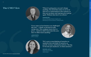 The CMO View “When it’s going great, you can’t change
anything. You need these times to act as an
interval, as a punctuation in the sentence so
that you can pause and regroup, pivot and go
again. Without that there’s no reform.”
EDWARD BELL
General Manager, Brand, Insights and
Marketing Communications, Cathay Pacific
“We’ve got to stop thinking of ourselves as
marketers first and think of ourselves as
growth, revenue, and business drivers. The day
we become just marketers, we limit ourselves.”
RUCHIRA JAITLY
CMO India and APAC
HMD Global
“Every aspect of our business was challenged
this year. … I think we pivoted in really
strong ways. This company knows how to
pivot... And if we didn’t learn that this year,
then we didn’t learn anything.”
JASON WHITE
CMO, Curaleaf
Read all the CMO interviews at www.warc.com/toolkit
89
The
Marketer’s
Toolkit
2021
Structuring
for
volatility
 