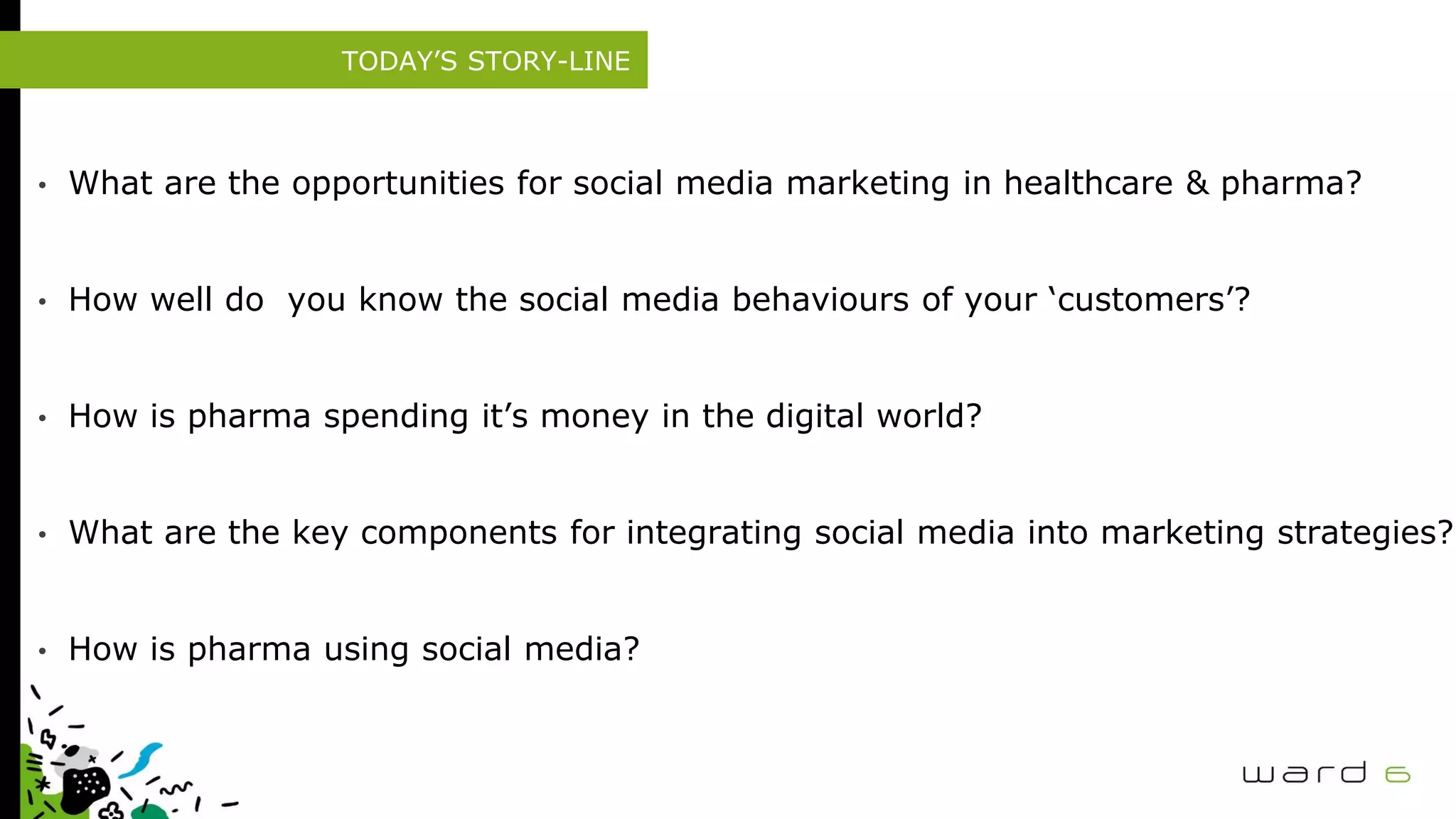 TODAY’S STORY-LINE
• What are the opportunities for social media marketing in healthcare & pharma?
• How well do you know the social media behaviours of your ‘customers’?
• How is pharma spending it’s money in the digital world?
• What are the key components for integrating social media into marketing strategies?
• How is pharma using social media?
 