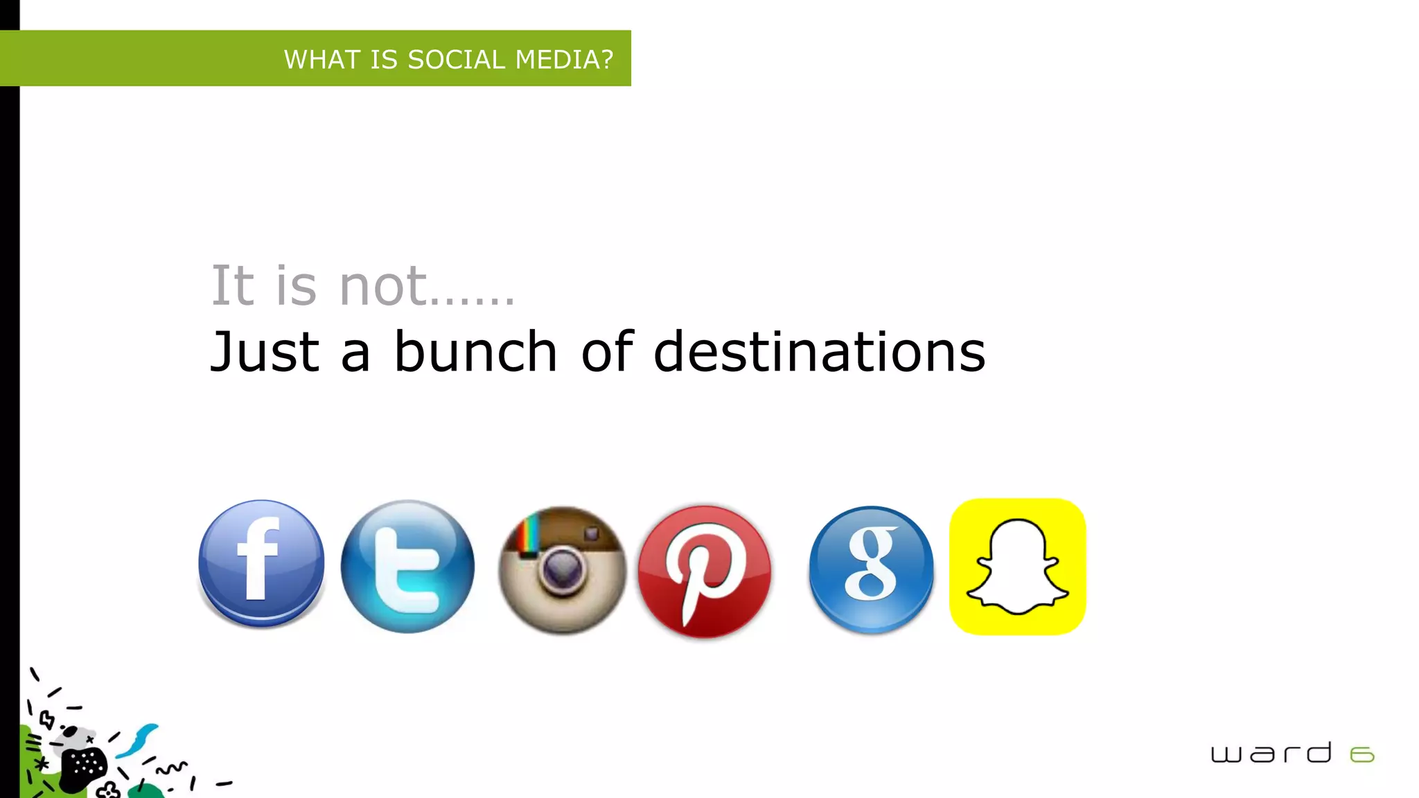 WHAT IS SOCIAL MEDIA?
It is not……
Just a bunch of destinations
 