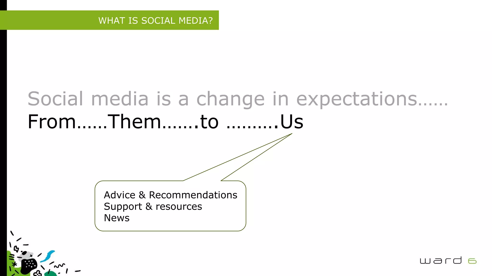 WHAT IS SOCIAL MEDIA?
Social media is a change in expectations……
From……Them…….to ……….Us
Advice & Recommendations
Support & resources
News
 