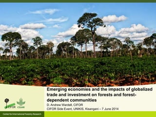 Emerging economies and the impacts of globalized
trade and investment on forests and forest-
dependent communities
D. Andrew Wardell, CIFOR
CIFOR Side Event, UNIKIS, Kisangani – 7 June 2014
 