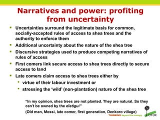 THINKING beyond the canopy
Narratives and power: profiting
from uncertainty
 Uncertainties surround the legitimate basis for common,
socially-accepted rules of access to shea trees and the
authority to enforce them
 Additional uncertainty about the nature of the shea tree
 Discursive strategies used to produce competing narratives of
rules of access
 First comers link secure access to shea trees directly to secure
access to land
 Late comers claim access to shea trees either by
• virtue of their labour investment or
• stressing the ‘wild’ (non-plantation) nature of the shea tree
“In my opinion, shea trees are not planted. They are natural. So they
can’t be owned by the diatigui”
(Old man, Mossi, late comer, first generation, Denkoro village)
 