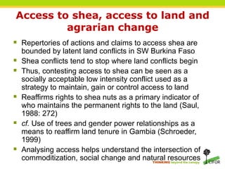 THINKING beyond the canopy
Access to shea, access to land and
agrarian change
 Repertories of actions and claims to access shea are
bounded by latent land conflicts in SW Burkina Faso
 Shea conflicts tend to stop where land conflicts begin
 Thus, contesting access to shea can be seen as a
socially acceptable low intensity conflict used as a
strategy to maintain, gain or control access to land
 Reaffirms rights to shea nuts as a primary indicator of
who maintains the permanent rights to the land (Saul,
1988: 272)
 cf. Use of trees and gender power relationships as a
means to reaffirm land tenure in Gambia (Schroeder,
1999)
 Analysing access helps understand the intersection of
commoditization, social change and natural resources
 