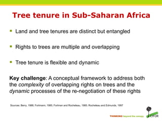 THINKING beyond the canopy
Tree tenure in Sub-Saharan Africa
 Land and tree tenures are distinct but entangled
 Rights to trees are multiple and overlapping
 Tree tenure is flexible and dynamic
Key challenge: A conceptual framework to address both
the complexity of overlapping rights on trees and the
dynamic processes of the re-negotiation of these rights
Sources: Berry, 1988; Fortmann, 1985; Fortman and Rocheleau, 1985; Rocheleau and Edmunds, 1997
 