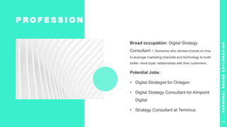 P R O F E S S I O N
Broad occupation: Digital Strategy
Consultant – Someone who advises brands on how
to leverage marketing channels and technology to build
better, more loyal, relationships with their customers.
Potential Jobs:
• Digital Strategist for Octagon
• Digital Strategy Consultant for Aimpoint
Digital
• Strategy Consultant at Terminus
P
E
R
S
O
N
A
L
B
R
A
N
D
E
X
P
L
O
R
A
T
I
O
N
3
 