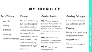 M Y I D E N T I T Y
P
E
R
S
O
N
A
L
B
R
A
N
D
E
X
P
L
O
R
A
T
I
O
N
6
Core Values:
• Warmth
• Quality
• Simplicity
• Creativity
• Open-mindedness
Vision:
My vision is to have my
own consulting agency
where I help small and
medium business discover
the power of good
marketing and what an
asset it can be to their
brand and continuing
relationship with loyal
costumers.
Golden Circle:
Why? To help struggling
businesses who may not have the
proper resources empower their
brand and create long-lasting loyal
relationships with their customer
base.
How? By introducing and
implementing the marketing skills
I’ve learned through experience.
What? Digital Strategy
Consulting for SMEs
Guiding Principle:
Focus on client success
and sustainable growth!
Passion:
Helping others, particularly
struggling businesses.
Super Power:
Transforming struggle to
success
 