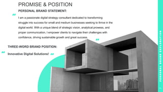 PROMISE & POSITION
PERSONAL BRAND STATEMENT:
I am a passionate digital strategy consultant dedicated to transforming
struggle into success for small and medium businesses seeking to thrive in the
digital world. With a unique blend of strategic vision, analytical prowess, and
proper communication, I empower clients to navigate their challenges with
confidence, driving sustainable growth and great success.
“
”
P
E
R
S
O
N
A
L
B
R
A
N
D
E
X
P
L
O
R
A
T
I
O
N
7
THREE-WORD BRAND POSITION:
Innovative Digital Solutions!
”
“
 