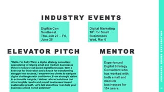 M E N TO R
DigiMarCon
Southeast
Thu, Jun 27 – Fri,
June 28
"Hello, I’m Kelly Ward, a digital strategy consultant
specializing in helping small and medium businesses
thrive in today's fast-paced digital landscape. With a
keen eye for innovation and a knack for transforming
struggle into success, I empower my clients to navigate
digital challenges with confidence. From strategic vision
to actionable insights, I deliver tailored solutions that
drive tangible results and propel businesses toward
sustainable growth. Let’s talk about how I can help your
business unlock its full potential!"
Experienced
Digital Strategy
Consultant who
has worked with
both small and
medium
businesses for
15+ years.
Digital Marketing
101 for Small
Businesses
Wed, Mar 6
P
E
R
S
O
N
A
L
B
R
A
N
D
E
X
P
L
O
R
A
T
I
O
N
8
I N D U S T RY E V E N T S
E L E VATO R P I TC H
 