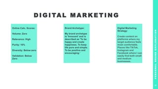 D I G I TA L M A R K E T I N G
Online Calc. Scores:
Volume: Zero
Relevance: High
Purity: 10%
Diversity: Below zero
Validation: Below
Zero
Brand Archetype:
My brand archetype
is 'Innocent' and is
described as 'To be
happy and create
happiness. To keep
life pure and simple.
To be positive and
encouraging.'
Digital Marketing
Strategy:
Create content on
platforms where my
target audience feels
most comfortable.
Places like TikTok,
Instagram and
Facebook where I can
easily find both small
and medium
businesses.
P
E
R
S
O
N
A
L
B
R
A
N
D
E
X
P
L
O
R
A
T
I
O
N
9
 