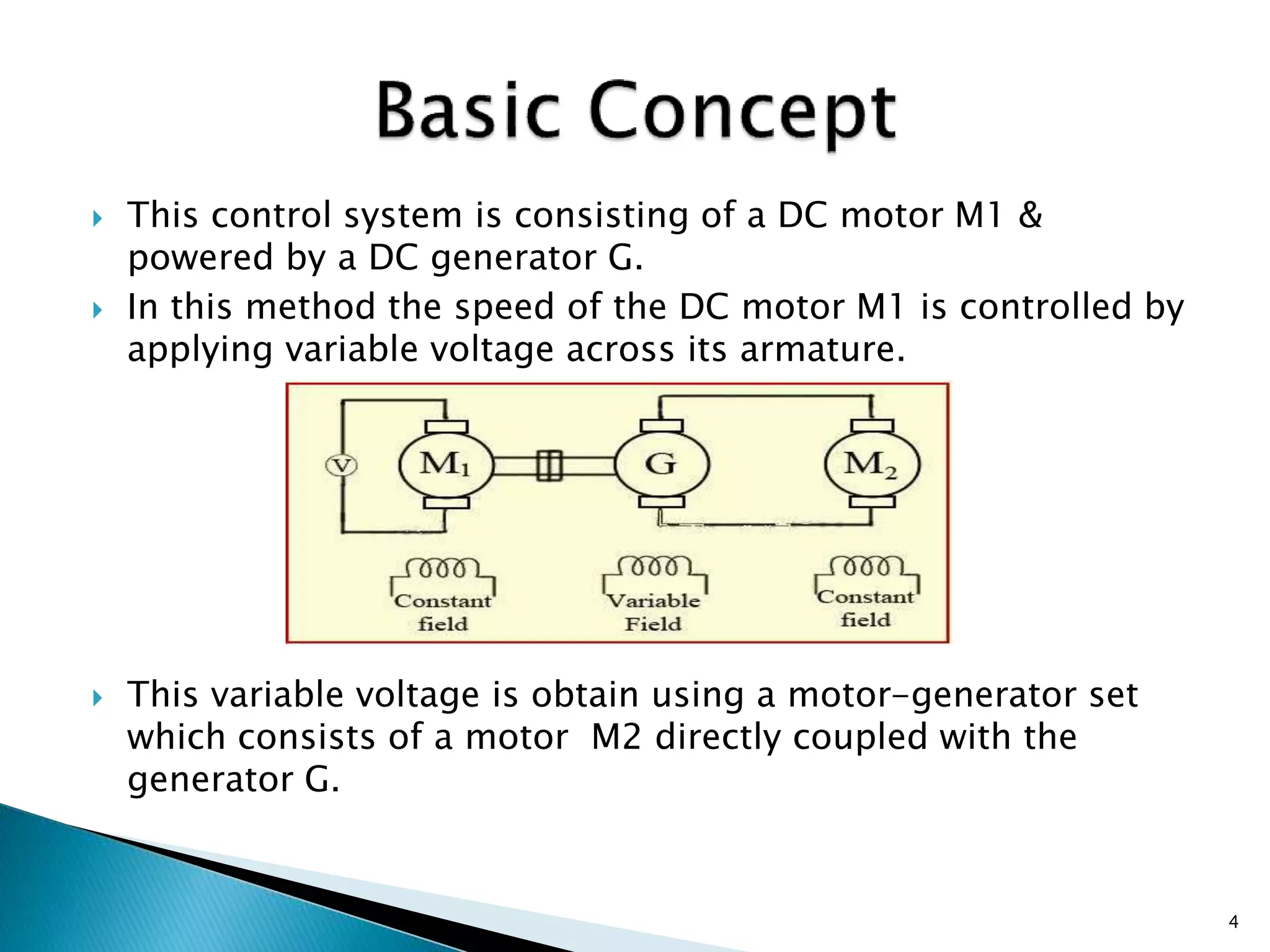  This control system is consisting of a DC motor M1 &
powered by a DC generator G.
 In this method the speed of the DC motor M1 is controlled by
applying variable voltage across its armature.
 This variable voltage is obtain using a motor-generator set
which consists of a motor M2 directly coupled with the
generator G.
4
 
