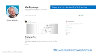 https://medium.com/wardleymaps
Tools and techniques for Visionaries
https://www.linkedin.com/in/simonwardley/
 