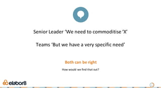 Senior	Leader	‘We	need	to	commoditise	‘X’
Teams	‘But	we	have	a	very	specific	need’
Both	can	be	right
3
How	would	we	find	t...