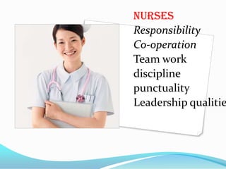 NURSES
Responsibility
Co-operation
Team work
discipline
punctuality
Leadership qualitie