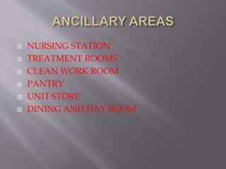  NURSING STATION
 TREATMENT ROOMS
 CLEAN WORK ROOM
 PANTRY
 UNIT STORE
 DINING AND DAY ROOM
 