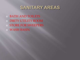  BATH AND TOILETS
 DIRTY UTILITY ROOM
 STORE FOR SWEEPERS
 WASH BASIN
 