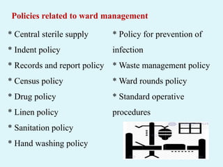 * Central sterile supply
* Indent policy
* Records and report policy
* Census policy
* Drug policy
* Linen policy
* Sanitation policy
* Hand washing policy
* Policy for prevention of
infection
* Waste management policy
* Ward rounds policy
* Standard operative
procedures
Policies related to ward management
 