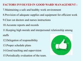FACTORS INVOLVED IN GOOD WARD MANAGEMENT :
7.Maintaining a safe and healthy work environment
8.Provision of adequate supplies and equipment for efficient work
9.Clear cut doctors and nurses instructions
10.Accurate reports and records
11.Keeping high morale and interpersonal relationship among
staffs
12.Delegation of responsibility
13.Proper schedule plans
14.Good teaching and supervision
15.Periodically evaluation of the team.
 