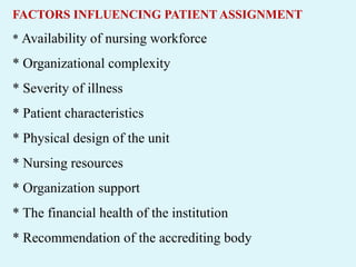 FACTORS INFLUENCING PATIENT ASSIGNMENT
* Availability of nursing workforce
* Organizational complexity
* Severity of illness
* Patient characteristics
* Physical design of the unit
* Nursing resources
* Organization support
* The financial health of the institution
* Recommendation of the accrediting body
 