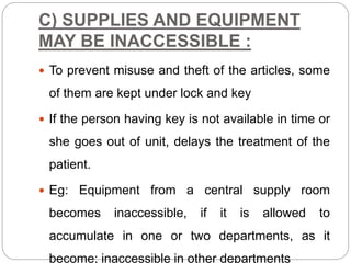 C) SUPPLIES AND EQUIPMENT
MAY BE INACCESSIBLE :
 To prevent misuse and theft of the articles, some
of them are kept under lock and key
 If the person having key is not available in time or
she goes out of unit, delays the treatment of the
patient.
 Eg: Equipment from a central supply room
becomes inaccessible, if it is allowed to
accumulate in one or two departments, as it
become; inaccessible in other departments
 