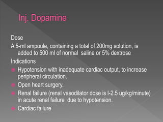 Dose
A 5-ml ampoule, containing a total of 200mg solution, is
added to 500 ml of normal saline or 5% dextrose
Indications
 Hypotension with inadequate cardiac output, to increase
peripheral circulation.
 Open heart surgery.
 Renal failure (renal vasodilator dose is l-2.5 ug/kg/minute)
in acute renal failure due to hypotension.
 Cardiac failure
 