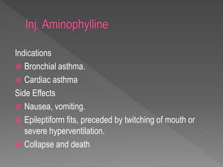 Indications
 Bronchial asthma.
 Cardiac asthma
Side Effects
 Nausea, vomiting.
 Epileptiform fits, preceded by twitching of mouth or
severe hyperventilation.
 Collapse and death
 