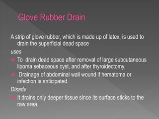 A strip of glove rubber, which is made up of latex, is used to
drain the superficial dead space
uses
 To drain dead space after removal of large subcutaneous
lipoma sebaceous cyst, and after thyroidectomy.
 Drainage of abdominal wall wound if hematoma or
infection is anticipated.
Disadv
 It drains only deeper tissue since its surface sticks to the
raw area.
 
