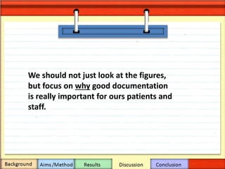 We should not just look at the figures,
but focus on why good documentation
is really important for ours patients and
staff.
 