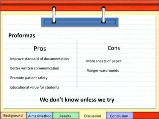Proformas
Pros Cons
Improve standard of documentation
Better written communication
Promote patient safety
Educational value for students
More sheets of paper
?longer wardrounds
We don’t know unless we try
 