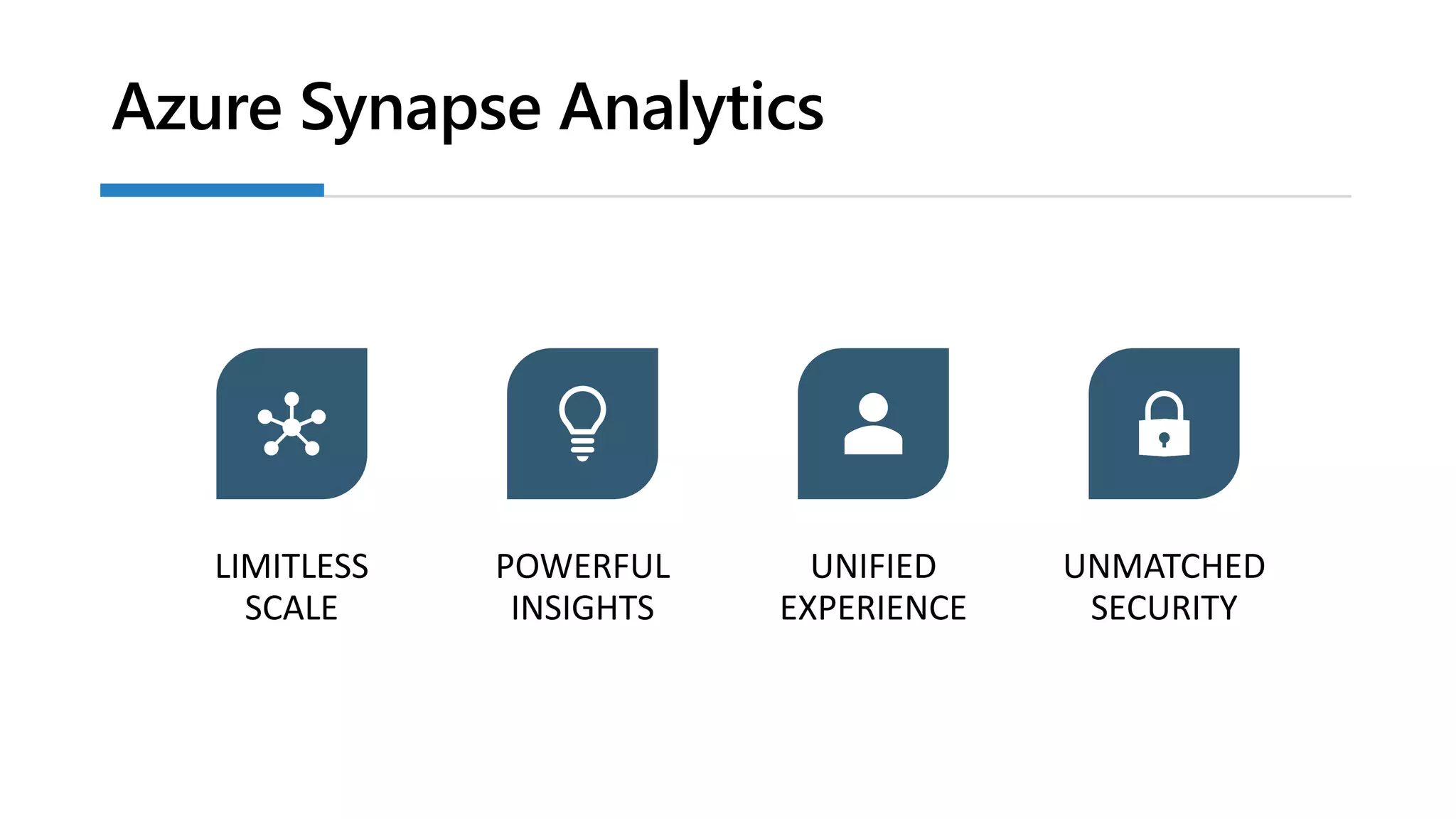 Azure Synapse Analytics
LIMITLESS
SCALE
POWERFUL
INSIGHTS
UNIFIED
EXPERIENCE
UNMATCHED
SECURITY
 