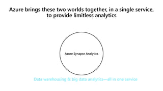 Azure Synapse Analytics
Azure brings these two worlds together, in a single service,
to provide limitless analytics
Data warehousing & big data analytics—all in one service
 