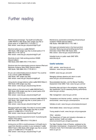 Warehousing and storage: A guide to health and safety




Further reading



Warehousing and storage: Top health and safety tips                Maintenance, examination and testing of local exhaust 

Leaflet INDG412 HSE Books 2007 (single copy free or 
              ventilation HSG54 (Second edition) 

priced packs of 15 ISBN 978 0 7176 6253 1) 
                       HSE Books 1998 ISBN 978 0 7176 1485 1 

Web version: www.hse.gov.uk/pubns/indg412.pdf 

                                                                   Roll cages and wheeled racks in the food and drink 

Electrical safety and you Leaflet INDG231 
                        industries: Reducing manual handling injuries Food 

HSE Books 1996 (single copy free or priced packs of 15 
           Information Sheet FIS33 HSE Books 2003 

ISBN 978 0 7176 1207 9) 
                                          Web version: www.hse.gov.uk/pubns/fis33.pdf 

Web version: www.hse.gov.uk/pubns/indg231.pdf 

                                                                   Industrial trucks on public roads GN57 BITA 

Electricity at work: Safe working practices HSG85 
                www.bita.org.uk 

(Second edition) 

HSE Books 2003 ISBN 978 0 7176 2164 4 

                                                                   Useful websites
Electrical risks from steam/water pressure cleaners Plant and 

Machinery Guidance Note PM29 (Second edition) 
                    HSE website www.hse.gov.uk
HSE Books 1995 ISBN 978 0 7176 0813 3 
                            Asbestos: www.hse.gov.uk/asbestos

Do you use a steam/water pressure cleaner? You could be 
          COSHH: www.hse.gov.uk/coshh
in for a shock! Leaflet INDG68(rev) 

HSE Books 1997 (single copy free) 
                                Managing sickness absence and return to work:
Web version: www.hse.gov.uk/pubns/indg68.pdf 
                     www.hse.gov.uk/sicknessabsence

Using electric storage batteries safely Leaflet INDG139(rev1) 
    Musculoskeletal disorders, and the Manual Handling
HSE Books 2006 (single copy free) 
                                Assessment Chart (MAC Tool): www.hse.gov.uk/msd
Web version: www.hse.gov.uk/pubns/indg139.htm 

                                                                   Preventing slips and trips in the workplace, including the
Basic advice on first aid at work Leaflet INDG347(rev1) 
          Slip Assessment Tool for assessing flooring performance:
HSE Books 2006 (single copy free or priced packs of 20 
           www.hse.gov.uk/slips
ISBN 978 0 7176 6193 0) 

Web version: www.hse.gov.uk/pubns/indg347.pdf 
                    Risk management: www.hse.gov.uk/risk

First aid at work: Your questions answered Leaflet INDG214 
       Temperature and thermal comfort - working in hot and cold
HSE Books 1997 (single copy free or priced packs of 15 
           environments: www.hse.gov.uk/temperature
ISBN 0 7176 1074 8) 

Web version: www.hse.gov.uk/pubns/indg214.pdf 
                    Vehicles at work: www.hse.gov.uk/workplacetransport

Managing health and safety: Five steps to success Leaflet 
        Work-related stress: www.hse.gov.uk/stress
INDG275 HSE Books 1998 (single copy free or priced 

packs of 10 ISBN 978 0 7176 2170 5) 
                              Young people at work: www.hse.gov.uk/youngpeople
Web version: www.hse.gov.uk/pubns/indg275.pdf 

                                                                   Other websites
Respiratory protective equipment at work: A practical guide        The Department of Trade and Industry's information on
HSG53 (Third edition) 
                                            agency workers' health and safety:
HSE Books 2005 ISBN 978 0 7176 2904 6 
                            www.businesslink.gov.uk/agencyworkers

Aching arms (or RSI) in small businesses: Is ill health due to 
   The Data Protection Code of Practice, published by the
upper limb disorders a problem in your workplace? Leaflet 
        Information Commissioner - Employment Practices Data
INDG171(rev1) HSE Books 2003 (single copy free or priced 
         Protection Code: Part 4 Information about Workers Health:
packs of 15 ISBN 978 0 7176 2600 7) 
                              www.ico.gov.uk
Web version: www.hse.gov.uk/pubns/indg171.pdf 

 