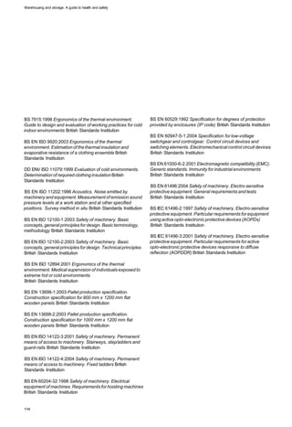 Warehousing and storage: A guide to health and safety




BS 7915:1998 Ergonomics of the thermal environment.              BS EN 60529:1992 Specification for degrees of protection
Guide to design and evaluation of working practices for cold     provided by enclosures (IP code) British Standards Institution
indoor environments British Standards Institution
                                                                 BS EN 60947-5-1:2004 Specification for low-voltage
BS EN ISO 9920:2003 Ergonomics of the thermal                    switchgear and controlgear. Control circuit devices and
environment. Estimation of the thermal insulation and            switching elements. Electromechanical control circuit devices
evaporative resistance of a clothing ensemble British            British Standards Institution
Standards Institution
                                                                 BS EN 61000-6-2:2001 Electromagnetic compatibility (EMC).
DD ENV ISO 11079:1999 Evaluation of cold environments.           Generic standards. Immunity for industrial environments
Determination of required clothing insulation British            British Standards Institution
Standards Institution
                                                                 BS EN 61496:2004 Safety of machinery. Electro-sensitive
BS EN ISO 11202:1996 Acoustics. Noise emitted by                 protective equipment. General requirements and tests
machinery and equipment. Measurement of emission sound           British Standards Institution
pressure levels at a work station and at other specified
positions. Survey method in situ British Standards Institution   BS IEC 61496-2:1997 Safety of machinery. Electro-sensitive
                                                                 protective equipment. Particular requirements for equipment
BS EN ISO 12100-1:2003 Safety of machinery. Basic                using active opto-electronic protective devices (AOPDs)
concepts, general principles for design. Basic terminology,      British Standards Institution
methodology British Standards Institution
                                                                 BS IEC 61496-3:2001 Safety of machinery. Electro-sensitive
BS EN ISO 12100-2:2003 Safety of machinery. Basic                protective equipment. Particular requirements for active
concepts, general principles for design. Technical principles    opto-electronic protective devices responsive to diffuse
British Standards Institution                                    reflection (AOPDDR) British Standards Institution

BS EN ISO 12894:2001 Ergonomics of the thermal
environment. Medical supervision of individuals exposed to
extreme hot or cold environments
British Standards Institution

BS EN 13698-1:2003 Pallet production specification.
Construction specification for 800 mm x 1200 mm flat
wooden panels British Standards Institution

BS EN 13698-2:2003 Pallet production specification.
Construction specification for 1000 mm x 1200 mm flat
wooden panels British Standards Institution

BS EN ISO 14122-3:2001 Safety of machinery. Permanent
means of access to machinery. Stairways, step/adders and
guard-rails British Standards Institution

BS EN ISO 14122-4:2004 Safety of machinery. Permanent
means of access to machinery. Fixed ladders British
Standards Institution

BS EN 60204-32:1998 Safety of machinery. Electrical
equipment of machines. Requirements for hoisting machines
British Standards Institution
 