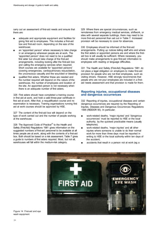 Warehousing and storage: A guide to health and safety




carry out an assessment of first-aid needs and ensure that         329 Where there are special circumstances, such as
there are:                                                         remoteness from emergency medical services, shiftwork, or
                                                                   sites with several separate buildings, there may need to be
■	    adequate and appropriate equipment and facilities for        more first-aid personnel than set out in Table 7. Increased
      giving first aid to employees. This includes a first-aid     provision will be necessary to cover for absences.
      box and first-aid room, depending on the size of the
      warehouse;                                                   330 Employees should be informed of the first-aid
■	    an 'appointed person' where necessary to take charge         arrangements. Putting up notices telling staff who and where
      in an emergency whenever people are at work. The             the first aiders or appointed persons are and where the first­
      'appointed person' does not need to be a qualified           aid box is will usually be sufficient. Where necessary, you
      first aider but should take charge of the first-aid          should make arrangements to give first-aid information to
      arrangements, including looking after the first-aid box      employees with reading or language difficulties.
      and calling the emergency services when required.
      Short courses are available for 'appointed persons'          331 The Health and Safety (First-Aid) Regulations 1981 do
      covering emergencies, cardiopulmonary resuscitation,         not place a legal obligation on employers to make first-aid
      the unconscious casualty and the wounded or bleeding;        provision for people who are not their employees, such as
■	    qualified first aiders. Whether these are needed and         visiting drivers. However, HSE strongly recommends that
      the number required will depend on the nature of the         people who are not your employees are included in a first­
      warehouse, the number of employees and location of           aid needs assessment and that provision is made for them.
      the site. An appointed person is not necessary when
      there is an adequate number of first aiders.
                                                                   Reporting injuries, occupational diseases
326 First aiders should have completed a training course           and dangerous occurrences
in first aid at work, and hold a valid three-year certificate in
first aid at work. After that, a requalification course and re­    332 Reporting of injuries, occupational diseases and certain
examination is necessary. Training organisations running first     dangerous occurrences are required by the Reporting of
aid at work courses should be approved by HSE.                     Injuries, Diseases and Dangerous Occurrences Regulations
                                                                   1995 (RIDDOR 95). In particular;
327 The content of the first-aid box will depend on the
type of work carried out and the number of people working          ■	   work-related deaths, 'major injuries' and 'dangerous
at the warehouse.                                                       occurrences' must be reported to HSE or the local
                                                                        authority, by the quickest practicable means (usually
328 The Approved Code of Practice27 to the Health and                   telephone);
Safety (First-Aid) Regulations 1981 gives information on the       ■	   work-related deaths, 'major injuries' and all other
suggested numbers of first-aid personnel to be available at all         injuries where someone is unable to do their normal
times people are at work, along with the contents of a first-aid        work for more than three days must be reported in
box. Both should be based on a risk assessment. Table 7 gives           writing to HSE or the local authority within ten days of
a guide to numbers of first aiders required. Most, but not all,         the accident;
warehouses will fall within the medium-risk category.              ■	   accidents that result in a person not at work (eg a




Figure 14 First-aid and eye
wash equipment
 