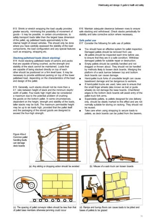 Warehousing and storage: A guide to health and safety




613 Shrink or stretch wrapping the load usually provides                 616 Maintain adequate clearance between rows to ensure
greater security, minimising the possibility of movement of              safe stacking and withdrawal. Check stacks periodically for
goods - it may be possible, in certain circumstances, to                 stability and take corrective action where necessary.
safely transport loads taller than the largest base dimension
of the pallet, eg palletised loads approximately to the               Safe pallet use
internal height of closed vehicles. This should only be done          617 Consider the following for safe use of pallets:
where you have carefully assessed the stability of the load
components, the load configuration and any special features              ■	   You should have an effective system for pallet inspection.
such as wrapping, strapping etc.                                              Damaged pallets should be removed from use.
                                                                         ■	   All pallets should be inspected each time before use,
Stacking palletised loads (block stacking)                                    to ensure that they are in a safe condition. Withdraw
614 Avoid stacking palletised loads of cartons and packs                      damaged pallets for suitable repair or destruction.
that are capable of being crushed, as the strength and                   ■	   Empty pallets should be carefully handled and not
stability of the stack cannot be maintained. Loads that                       dragged or thrown about. They should not be handled
are capable of being stacked directly on top of each                          by methods likely to loosen deck boards. Wedging the
other should be positioned on a firm level base. It may be                    platform of a sack barrow between top and bottom
necessary to provide additional packing on top of the lower                   deck boards can cause damage.
palletised load, depending on the characteristics of the load            ■	   Hand-pallet truck forks of unsuitable length can cause
and design of the pallet.                                                     baseboard damage and be dangerous to workers.
                                                                         ■	   If hand-pallet trucks are used, take care to ensure that
615 Generally, such stacks should not be more than a                          the small finger wheels (also known as trail or guide
4:1 ratio between height of stack and the minimum depth/                      wheels) do not damage the base boards. Chamfered
width of pallet. Four loads high might also be considered                     edges to the bottom deck boards will assist entry of the
a maximum due to the potential problem of crushing                            pallet truck fork arms.
the goods on the bottom pallet. In some circumstances,                   ■	    Expendable pallets, ie pallets designed for one delivery
dependent on the height, strength and stability of the loads,                 only, should be clearly marked to this effect and are not
taller stacks may be built. The maximum permissible height                    normally suitable for storing on racking. They should not
may be up to six loads high, provided that the pallet itself                  be reused.
and the packaging of the stored goods are designed to                    ■	   Take care when using strapping to secure loads to
exceed the four-high strength.                                                pallets, as deck boards can be pulled from the bearers.




Figure 40a-d
Common pallet
handling faults
can damage
deck boards




                  (a) Any sliding or dropping action should be avoided             (b) Misuse of a sack truck can loosen boards




(c) The spacing of pallet conveyor rollers should be less than that      (d) Ramps and bumpy floors can cause loads to be jolted and
of pallet base members otherwise jamming could occur                     bases of pallets to be grazed
 