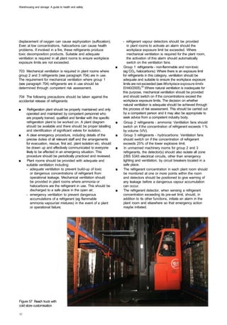 Warehousing and storage: A guide to health and safety




displacement of oxygen can cause asphyxiation (suffocation).               -	 refrigerant vapour detectors should be provided
Even at low concentrations, halocarbons can cause health                      in plant rooms to activate an alarm should the
problems. If involved in a fire, these refrigerants produce                   workplace exposure limit be exceeded. Where
toxic decomposition products. Suitable and adequate                           mechanical ventilation is required for the plant room,
ventilation is required in all plant rooms to ensure workplace                the activation of this alarm should automatically
exposure limits are not exceeded.                                             switch on the ventilation fans.
                                                                       ■   Group 1 refrigerants - non-flammable and non-toxic
703 Mechanical ventilation is required in plant rooms where                (eg CO2, halocarbons): Where there is an exposure limit
group 2 and 3 refrigerants (see paragraph 704) are in use.                 for refrigerants in this category, ventilation should be
The requirement for mechanical ventilation where group 1                   adequate and suitable to ensure the workplace exposure
(see paragraph 704) refrigerants are in use should be                      limits are not exceeded (see Workplace exposure limits
determined through competent risk assessment.                              EH40/2005).53 Where natural ventilation is inadequate for
                                                                           this purpose, mechanical ventilation should be provided
704 The following precautions should be taken against the                  and should switch on if the concentrations exceed the
accidental release of refrigerants:                                        workplace exposure limits. The decision on whether
                                                                           natural ventilation is adequate should be achieved through
■	     Refrigeration plant should be properly maintained and only          the process of risk assessment. This should be carried out
      operated and maintained by competent personnel who                   by a competent person and it may also be appropriate to
      are properly trained, qualified and familiar with the specific       seek advice from a competent industry body.
      refrigeration plant to be worked on. A plant diagram             ■    Group 2 refrigerants - ammonia: Ventilation fans should
      should be available and there should be proper labelling             switch on if the concentration of refrigerant exceeds 1 %
      and identification of significant valves for isolation.              by volume (V/V).
■	    A clear emergency procedure, including details of the            ■    Group 3 refrigerants - hydrocarbons: Ventilation fans
      precise duties of all relevant staff and the arrangements            should switch on if the concentration of refrigerant
      for evacuation, rescue, first aid, plant isolation etc, should       exceeds 25% of the lower explosive limit.
      be drawn up and effectively communicated to everyone             ■    In unmanned machinery rooms for group 2 and 3
      likely to be affected in an emergency situation. This                refrigerants, the detector(s) should also isolate all zone
      procedure should be periodically practiced and reviewed.             2/BS 5345 electrical circuits, other than emergency
■	     Plant rooms should be provided with adequate and                    lighting and ventilation, by circuit breakers located in a
      suitable ventilation including:                                      safe place.
      - adequate ventilation to prevent build-up of toxic              ■   The refrigerant concentration in each plant room should
         or dangerous concentrations of refrigerant from                   be monitored at one or more points within the room
         operational leakage. Mechanical ventilation should                and detectors should be positioned to give warning of
         be provided in plant rooms where ammonia or                       any leakage before a dangerous vapour accumulation
         halocarbons are the refrigerant in use. This should be            can occur.
         discharged to a safe place in the open air;                   ■   The refrigerant detector, when sensing a refrigerant
      -	 emergency ventilation to prevent dangerous                        concentration exceeding its pre-set limit, should, in
         accumulations of a refrigerant (eg flammable                      addition to its other functions, initiate an alarm in the
         ammonia vapour/air mixtures) in the event of a plant              plant room and elsewhere so that emergency action
         or operational failure;                                           maybe initiated.




Figure 57 Reach truck with
cold store customisation
 