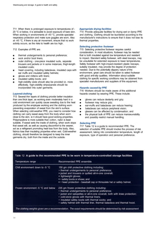 Warehousing and storage: A guide to health and safety




711 When there is prolonged exposure to temperatures of ­                  Appropriate drying facilities
20 °C or below, it is advisable to avoid exposure of bare skin.            714 Provide adequate facilities for drying wet or damp PPE
When working in environments of -40 °C, provide specialist                 and clothing. Clothing should be laundered according to the
respiratory protection and make sure goggles are worn. Also                manufacturer's instructions to ensure that it does not lose its
at -40 °C, if there is any air movement, ensure that no work               thermal properties.
activity occurs, as the risks to health are too high.
                                                                            Selecting protective footwear
712 Examples of PPE are:                                                    715 Selecting protective footwear requires careful
                                                                            consideration. In most situations, footwear may be needed
■	     thermal undergarments to personal preference;                        that is both insulated against low temperature and resistant
■	     sock and/or boot liners;                                             to impact. Standard safety footwear, with steel toecaps, may
■	     outer clothing - one-piece insulated suits, separate                 be unsuitable for extended exposure to lower temperatures.
       trousers and jackets or in some instances, thigh-length              Safety footwear with high-impact-resistant plastic toecaps,
       insulated coats;                                                     suitably insulated, may provide the degree of protection
■	     head covering, including balaclavas, insulated caps with             needed. Due to the potentially slippery nature of the
       ear muffs and insulated safety helmets;                              environment, great care should be taken to select footwear
■	     gloves and mittens with liners;                                      with good anti-slip qualities. Information about suitable
■	     insulated safety boots; and                                          clothing for specific working conditions may be obtained from
■	     high-visibility vests should also be provided or, more               specialist manufacturers and suppliers of this equipment.
       effectively, high-visibility strips/panels should be
       incorporated into outer garments.                                    Hazards caused by PPE
                                                                            716 Workers should be made aware of the additional
Layered clothing                                                            hazards created by wearing PPE. These include:
713 Several thin layers of clothing provide better insulation
than one thick layer, as working even moderately hard in a                  ■	   gloves can reduce dexterity and grip;
cold environment can quickly cause sweating due to the heat                 ■	   footwear may reduce grip;
produced by the employee working and the clothing worn                      ■	   ear-muffs and balaclavas can reduce hearing;
preventing evaporation of sweat from the skin's surface.                    ■	   balaclavas can reduce peripheral vision;
When selecting cold-weather PPE, you need to consider how                   ■	   glasses can be affected by condensation; and
clothing can carry sweat away from the body when worn                       ■	   the physical bulk of PPE can reduce manoeuvrability
close to the skin, ie it should have good wicking properties.                    and possibly restrict manual handling.
Polypropylene is more suitable than cotton, nylon is least
suitable. If sweat wets the inside of clothing, when work stops             Selecting PPE
that sweat will, as well as causing discomfort to the wearer,               717 Table 12 is a guide to recommended PPE. The
act as a refrigerant promoting heat loss from the body. Also,               selection of suitable PPE should involve the process of risk
fabrics lose their insulating properties when wet. Cold-weather             assessment, taking into consideration temperature, length of
clothing, should therefore be designed to keep the inner                    exposure, type of operation and personal preference.
garments dry, both from the inside and the outside.




     Table 12 A guide to the recommended PPE to be worn in temperature-controlled storage facilities

     Temperature range                                  Recommended PPE ensemble

     Chill environment down to -5 °C                    150 gm chill protective clothing including:
                                                        • thermal undergarments to personal preference;
                                                        • jacket and trousers or quilted all-in-one coverall;
                                                        • lightweight gloves;
                                                          • safety boots or shoes; and
                                                          • head protection - baseball cap or thinsulate hat or safety helmet.

     Frozen environment -5 °C and below                 235 gm frozen protective clothing including:
                                                        • thermal undergarments to personal preference;
                                                        • jacket and salopettes or all-in-one coverall, both with knee protection;
                                                        • cold-store gloves with thermal liners;
                                                        • insulated safety boots with thermal socks; and
                                                        • safety helmet with thermal liner, thermal balaclava and thermal hood.

     The clothing weights given are a recommendation. The exact requirements should be determined by risk assessment
 